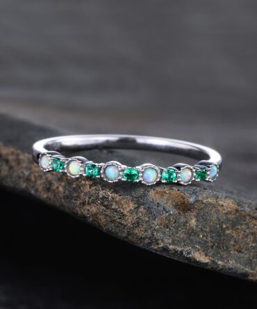 Emerald Opal Wedding Band Sterling Silver Emerald Wedding Ring Opal Band Art Deco Stacking Matching Band Anniversary Ring Gift for her