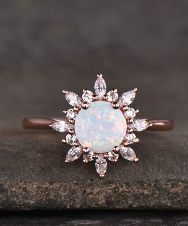 Vintage Opal engagement ring rose gold opal ring unique halo ring opal solitaire ring promise ring October birthstone Anniversary gift