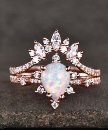 Vintage Opal Engagement Ring Set, Women Rose Gold Rings, Pear Shaped White Opal Ring, Unique Cluster Stacking Band, Promise Gift