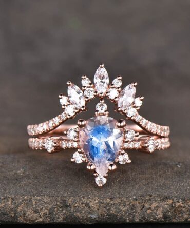 Natural Rainbow Moonstone Ring, Moonstone Wedding Ring Set, Rose Gold Rings, Pear Moonstone Ring, Stacking Matching Band, Bridal Set