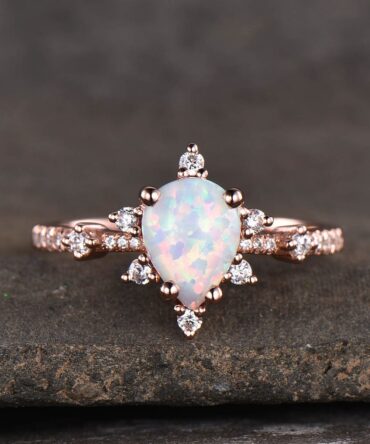 Dainty Opal Ring, White Fire Opal Engagement Ring, Rose Gold Opal Ring, October Birthstone, Pear Opal Ring, Art Deco Promise Ring, Gift