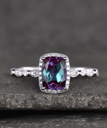 Alexandrite Ring, June Birthstone Ring, 925 Sterling Silver Ring, Cushion Alexandrite Engagement Ring, Art Deco Wedding Ring, Promise Ring