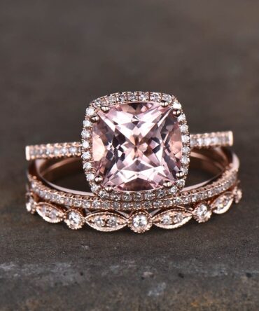 9mm Cushion Cut Morganite Engagement Ring Rose Gold Morganite Wedding Ring Set Art Deco Stacking Matching Bands Bridal Ring Set
