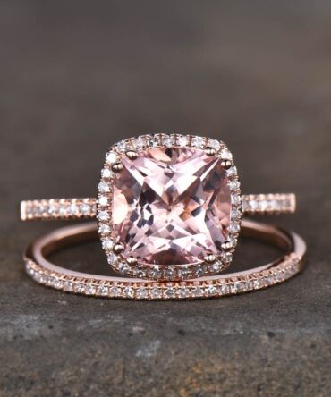 3.00 Ct Cushion Cut Morganite Engagement Ring, Rose Gold Morganite Wedding Ring set, Half eternity Wedding band set, Anniversary ring