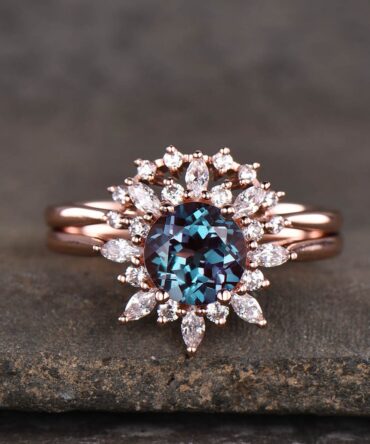 Unique Alexandrite Wedding Ring Set Rose Gold Alexandrite Engagement Ring Art Deco Bridal Set June Birthstone Ring Curved Stacking Band
