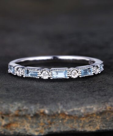 Aquamarine Ring, Half Eternity Baguette Aquamarine Wedding Band, March Birthstone Ring, Art deco Wedding Ring, Anniversary Gift, Silver