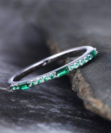 Emerald Ring, Sterling Silver Ring, Half Eternity Emerald Wedding Band, Baguette Ring, Stacking Band, May Birthstone, Anniversary Ring