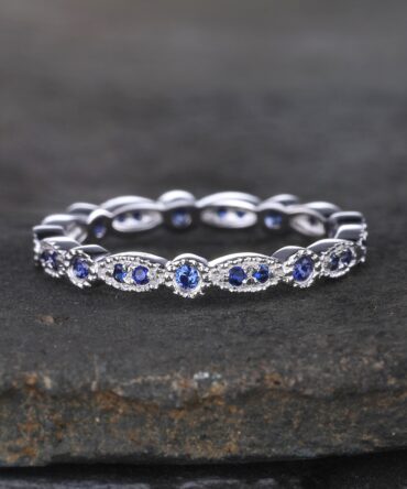 Sapphire Ring, Full Eternity Sapphire Wedding Band, September Birthstone Ring, Art deco Matching Band, Anniversary Gift, Sterling Sliver
