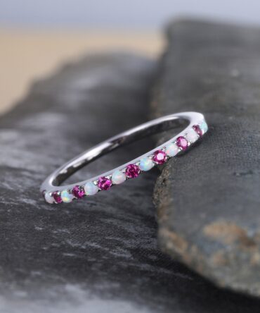 Half Eternity Opal Ruby Wedding Ring, Dainty Opal Wedding Band, Sterling Silver Ring, October Birthstone Ring, Anniversary Gift for Her
