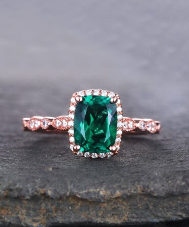 Emerald Ring, Cushion Emerald Engagement Ring, Rose Gold Emerald Ring, May Birthstone Ring, Art deco Wedding Band, Promise Bridal Ring