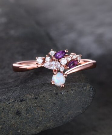Unique Opal Wedding Ring Opal Amethyst Ring Rose Gold Opal Ring Vintage Cluster Ring Art deco Wedding Ring Anniversary Promise Bridal Ring