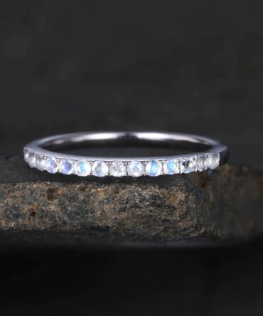 Half Eternity Band, 1.5mm Moonstone Wedding Band, White Gold Ring, Rainbow Moonstone Ring, Dainty Ring, Stacking Band, Anniversary Gift