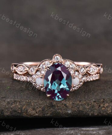 Alexandrite Ring, Oval Alexandrite Engagement Ring Set, Rose Gold Ring, Color Changing Stone, Art Deco Wedding Band, Vintage Bridal Set