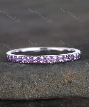 Amethyst Wedding Band, 1.5mm Half Eternity Amethyst Wedding Ring, Sterling Silver Ring, February Birthstone, Gemstone Band, Matching Band