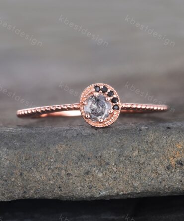 Vintage Salt and Pepper Diamond Engagement Ring Black Diamond Ring Unique Wedding Ring Rose Gold Ring Round Shaped Bridal Ring Promise Ring