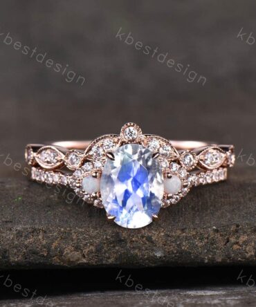 Rose Gold Moonstone Ring, Moonstone Engagement Ring Set, June Birthstone Ring, Unique Curved Stacking Matching Band, Anniversary Ring