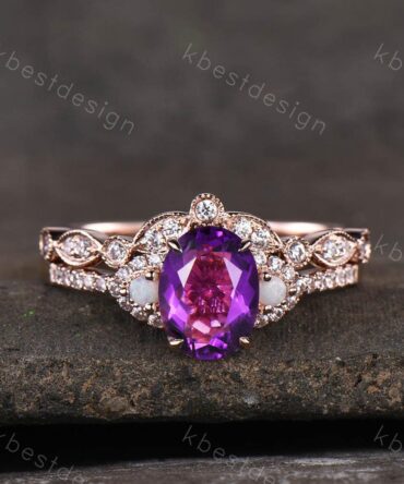 Purple Amethyst Ring, Vintage Engagement Ring Set, Rose Gold Ring, February Birthstone Ring, Art Deco Bridal Ring Set, Anniversary Ring