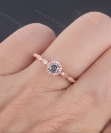 Vintage Salt and Pepper Diamond Engagement Ring Rose Gold Ring Dainty Halo Wedding Ring Art deco Wedding Ring Bridal Anniversary Ring