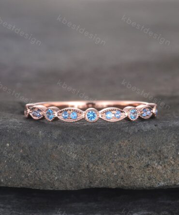 Blue Topaz Wedding Ring, Art deco Wedding Band, December Birthstone Ring, Half Eternity Band, Stacking Matching Band, Anniversary Gift