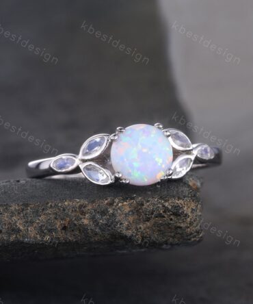 Vintage Opal Engagement Ring Marquise cut Moonstone Stone Ring White Gold Opal Ring Opal Rings for Women Promise Anniversary Ring