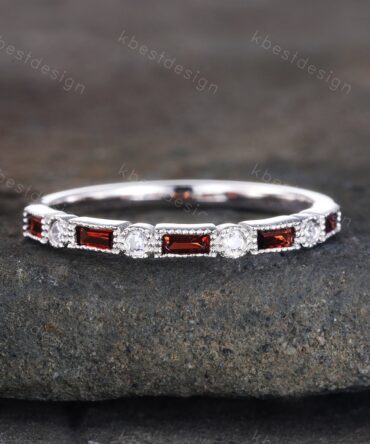 Garnet Ring, Baguette Garnet Wedding Band, Art Deco Half Eternity Band, January Birthstone Ring, Gemstone Band, Anniversary Gift, Sliver