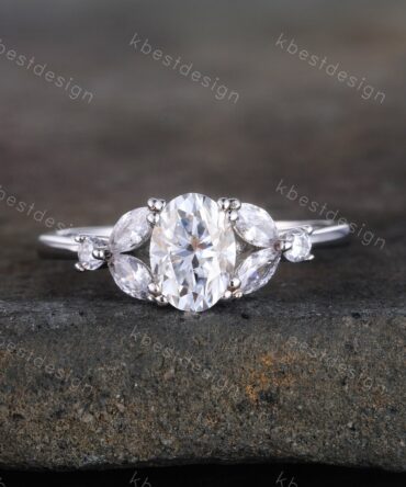 Oval cut Engagement Ring Sterling Silver Simulated Diamond Ring Unique Marquise cut Diamond cluster ring Bridal Promise Ring Gift for Women