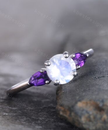 Rainbow Moonstone Ring, 925 Sterling Silver Ring, Pear Shaped Amethyst Ring, Three Stone Design, Engagement Ring, June Birthstone Ring