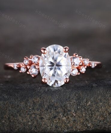 14K Solid Gold Ring/ 1.5CT Oval Simulated Diamond Wedding Ring/ Unique Cluster Rin/ Anniversary Ring/ Promise Ring/ Rose Gold