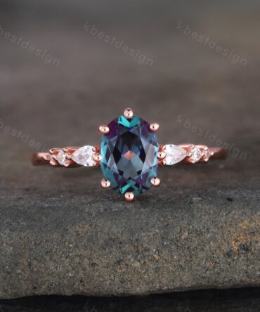 Oval alexandrite engagement ring, wedding ring, color changing stone ring, June birthstone ring, art deco bridal ring promise ring