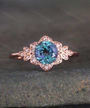 Vintage Alexandrite engagement ring rose gold wedding ring promise ring color changing stone proposal ring unique anniversary ring