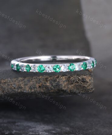 Emerald Aquamarine Wedding Ring Half Eternity Wedding Band May Birthstone Ring Aquamarine Ring Stacking Matching Band Anniversary Gift