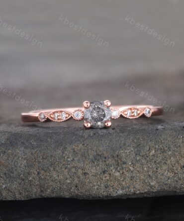 Dainty Salt and Pepper Diamond Engagement Ring Rose Gold Wedding Ring Delicate Engagement Ring Art Deco Wedding Ring Anniversary Ring