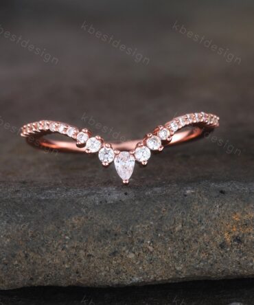 Delicate Chevron Ring Rose Gold Ring for Women Diamond CZ Eternity Stackable Wedding Band Unique Curved Matching Bridal Anniversary Gift