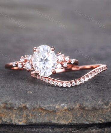 14K Rose Gold Rings/ 1.5CT Oval Simulated Diamond Wedding Ring/ Diamond Bridal Set Ring/ Anniversary Gift/ CZ Engagement Ring