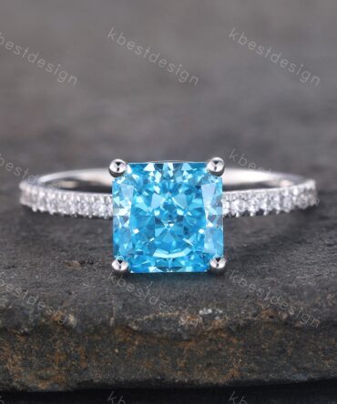 1.8ct Emerald Cut Engagement Ring, Sterling Silver Ring, Square Cut Ring, Blue CZ Diamond Ring, Emerald Cut Promise Ring, Blue Gemstone Ring