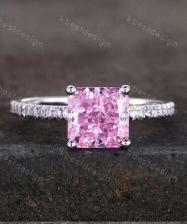 Simulated Pink Diamond Ring, Sterling Silver Ring, Engagement Ring, Square Cut Ring, Pink CZ Wedding Ring, Promise Ring, Anniversary Gift