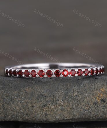 Half Eternity Garnet Ring, Garnet Wedding Ring, January Birthstone Ring, Pave Stacking Band, Gemstone Band, Gift for her, Sterling Silver
