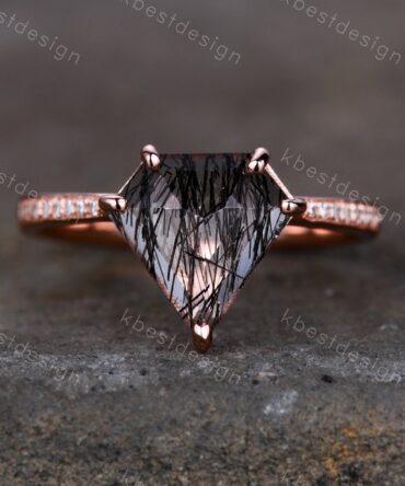 Vintage Black Quartz Rutilated Engagement Ring Unique Rose Gold Bridal Wedding Ring Pentagon Cut Ring Gemstone Ring Promise Ring