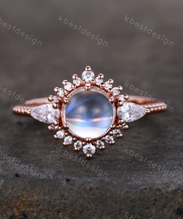 Vintage Moonstone Engagement Ring Art Deo Wedding Ring Rose Gold Rainbow Moonstone Ring Round Cut Ring Promise Anniversary Ring