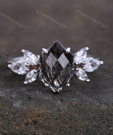 Black Rutilated Quartz Ring - Sterling Silver Ring - Vintage Hexagon Quartz Ring - Unique Marquise Cut Cluster Ring - Promise Ring