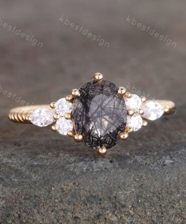 Black Quartz Rutilated Engagement Ring Natural Quartz Ring Unique Twist Wedding Ring Yellow Gold Ring Black Gemstone Ring Gift for Her