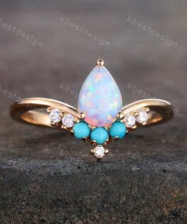 Pear Shaped Opal Engagement Ring, White Opal Ring, Opal Turquoise Wedding Ring, Stacking Ring, October Birthstone, Anniversary Gift for her
