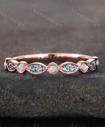 Alexandrite Opal Wedding Band, Half Eternity Wedding Band, Art Deco Stacking Band, Opal Wedding Ring, Alexandrite Ring, Anniversary Gift