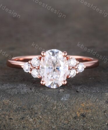 1.5 CT Oval Engagement Ring, Vintage Unique Rose Gold Engagement Ring, Cluster Wedding Ring, Diamond Simulant, Promise Ring, Gift for her