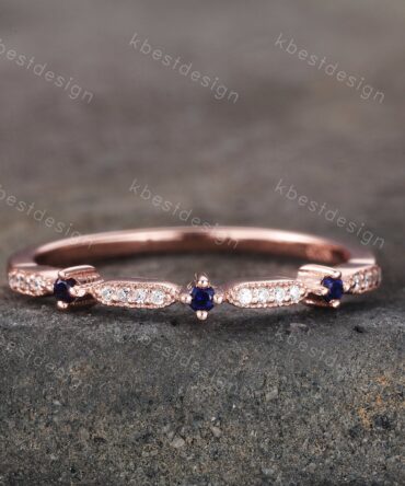 Dainty Sapphire Wedding Band Art Deco CZ Cubic Zirconia Minimalist Band Rose Gold Ring for Women Half Eternity Wedding Band Gift for Her