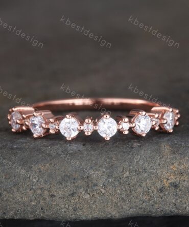 Vintage Rose gold wedding band women Round cut Half eternity band Unique Stacking Matching bridal ring Sterling Silver Diamond wedding ring