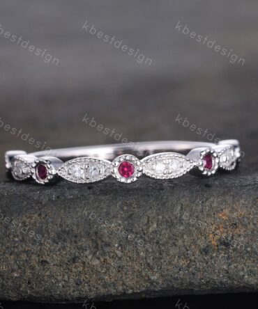 Art Deco Simulated Diamond CZ Wedding Band Half Eternity Ruby Diamond Wedding Band Stacking Ring 925 Sterling Silver