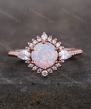 Vintage Opal Ring, White Opal Engagement Ring, Round Cut Opal Wedding Ring, October Birthstone, Rose Gold Opal Ring, Halo Ring, Promise Gift