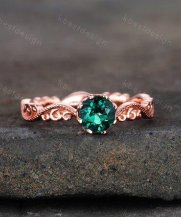 Emerald Ring, Vintage Round cut Emerald Engagement Ring, May Birthstone Ring, Rose Gold Emerald Ring, Art Deco Filigree Wedding Band