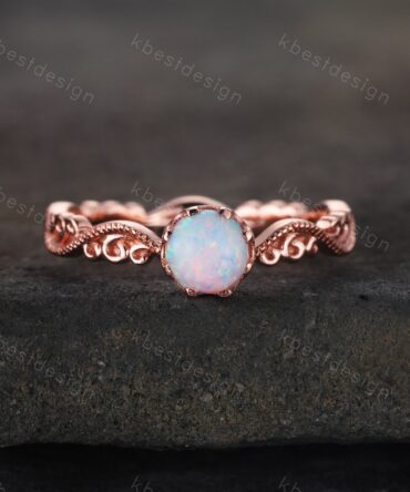 Opal Ring, Vintage Opal Engagement Ring, Round cut White Opal Ring, Rose Gold Opal Ring, Dainty Ring, October Birthstone, Promise Gift